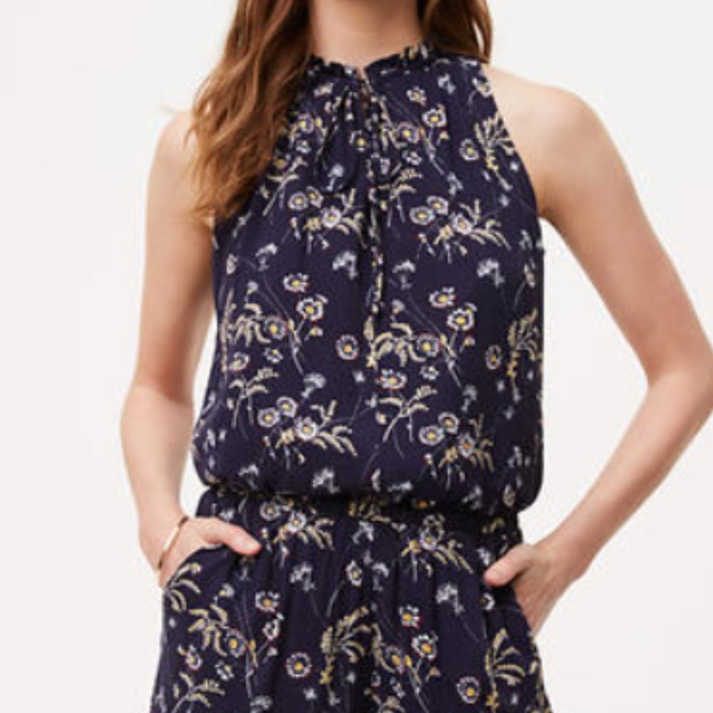 LOFT Floral Print Sleeveless Tie Front Blue Romper - Picture 2 of 14